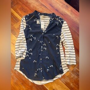 Anthropologie TINY navy Floral and Striped Button-Up Blouse